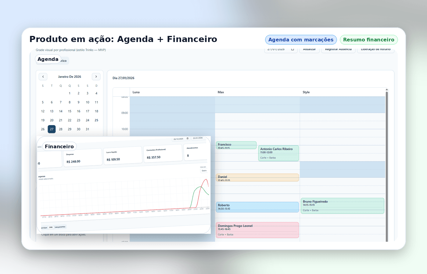 Agenda com horários e visão financeira do Barva